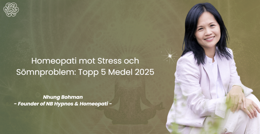 Homeopati mot stress och sömnproblem – Illustration som visar hur naturliga homeopatiska medel kan minska stress, förbättra sömnkvalitet och skapa inre lugn på ett holistiskt sätt.